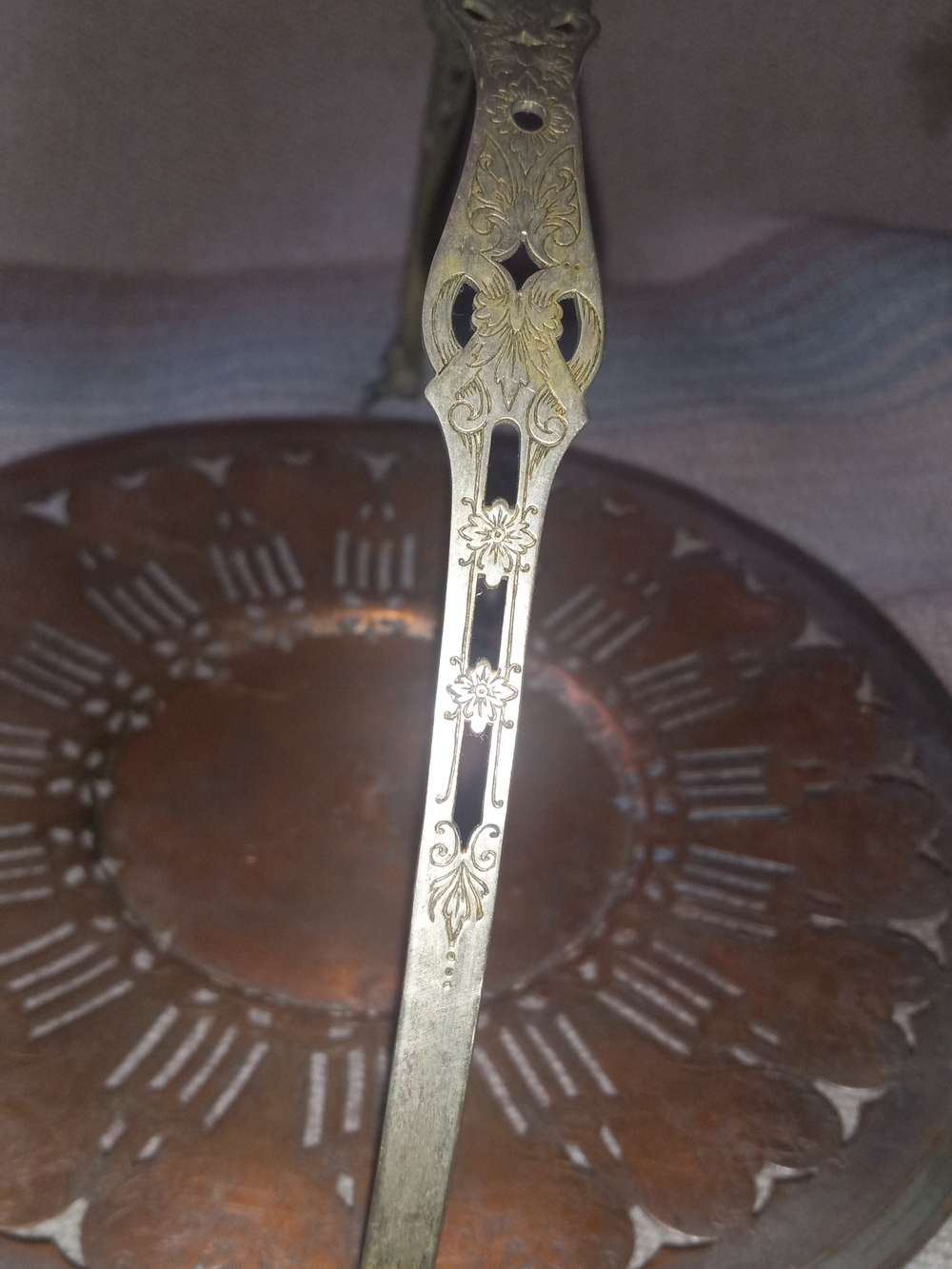 Copper Platter Vintage Brown Metal Serving Tray with Folding Brass Handle